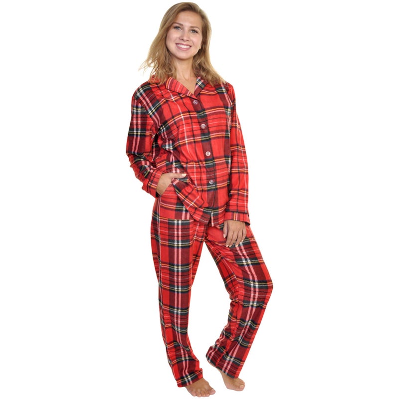 Angelina Women's Pajama Set Cozy Fleece with Notch Collar and Pockets | PJ56_L | Holiday Christmas Plaid - Image 1